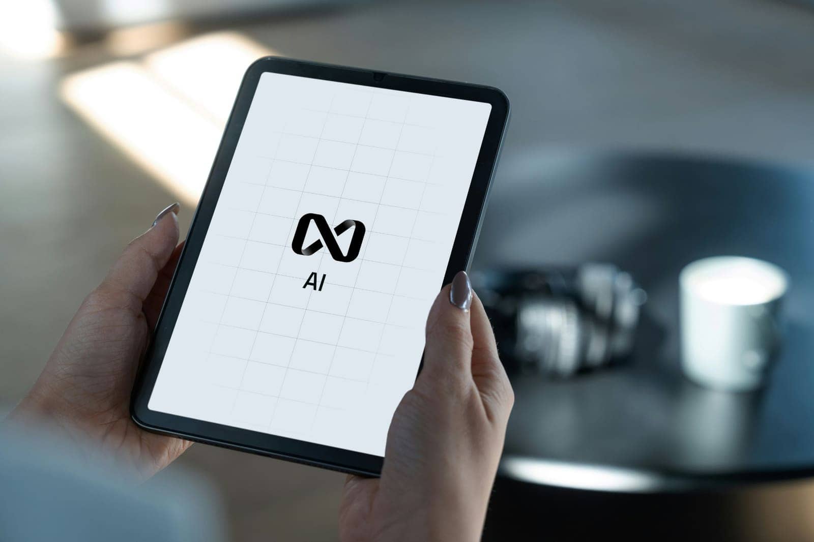 Hands holding a tablet displaying an AI logo