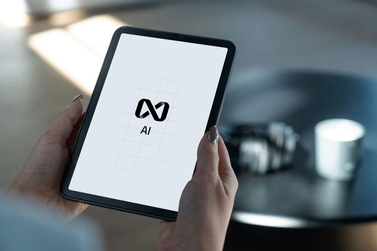 Hands holding a tablet displaying an AI logo