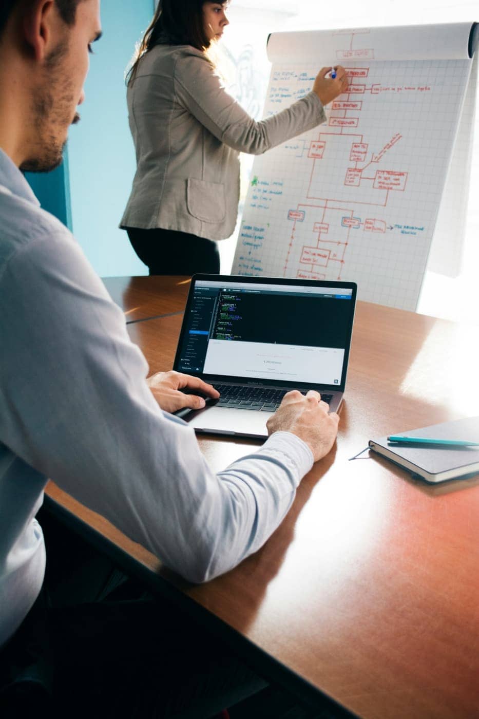 Person at a laptop while a colleague maps a process flowchart